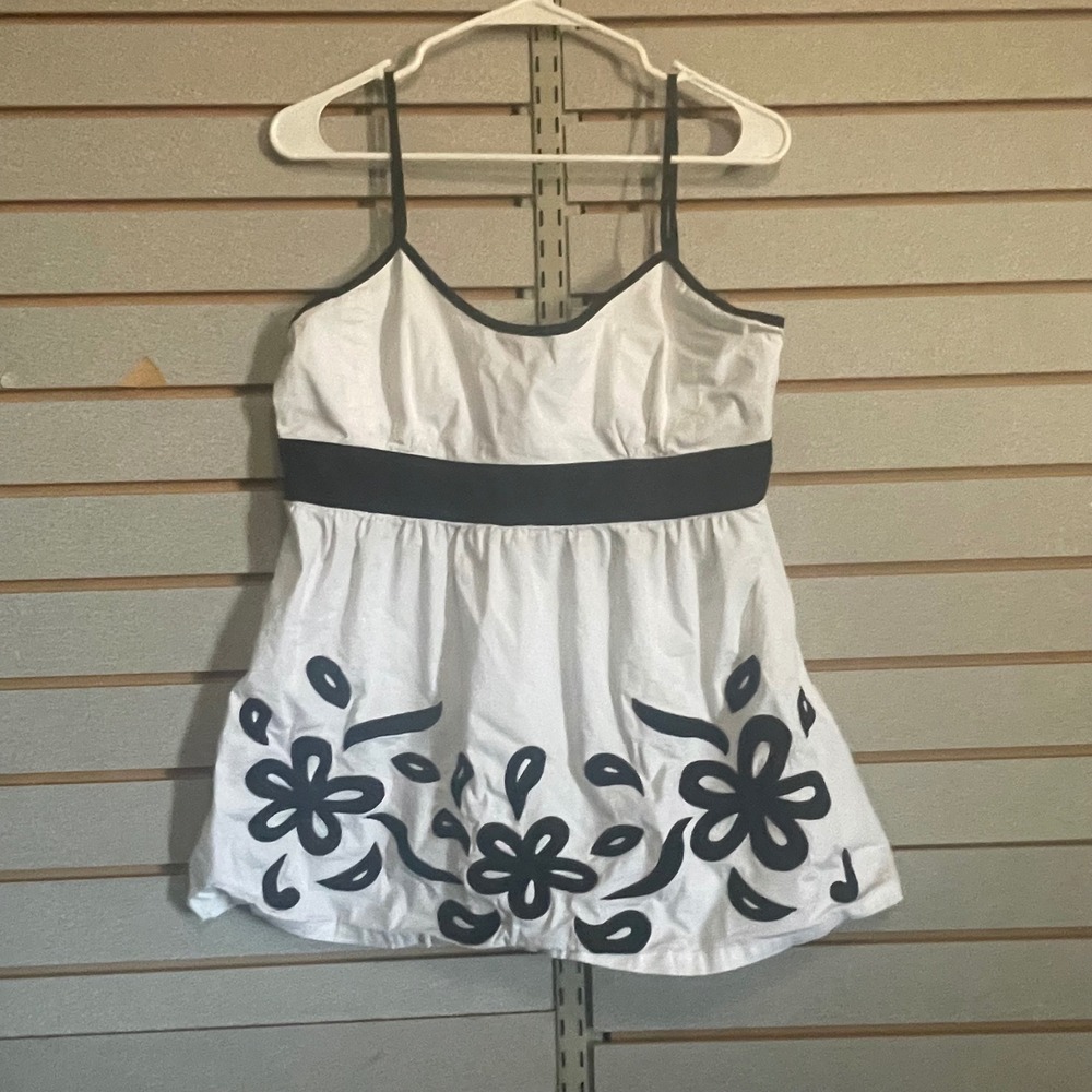 Joy Joy Womens White Black Floral Graphic Babydoll Camisole‎ Top Large Y2K